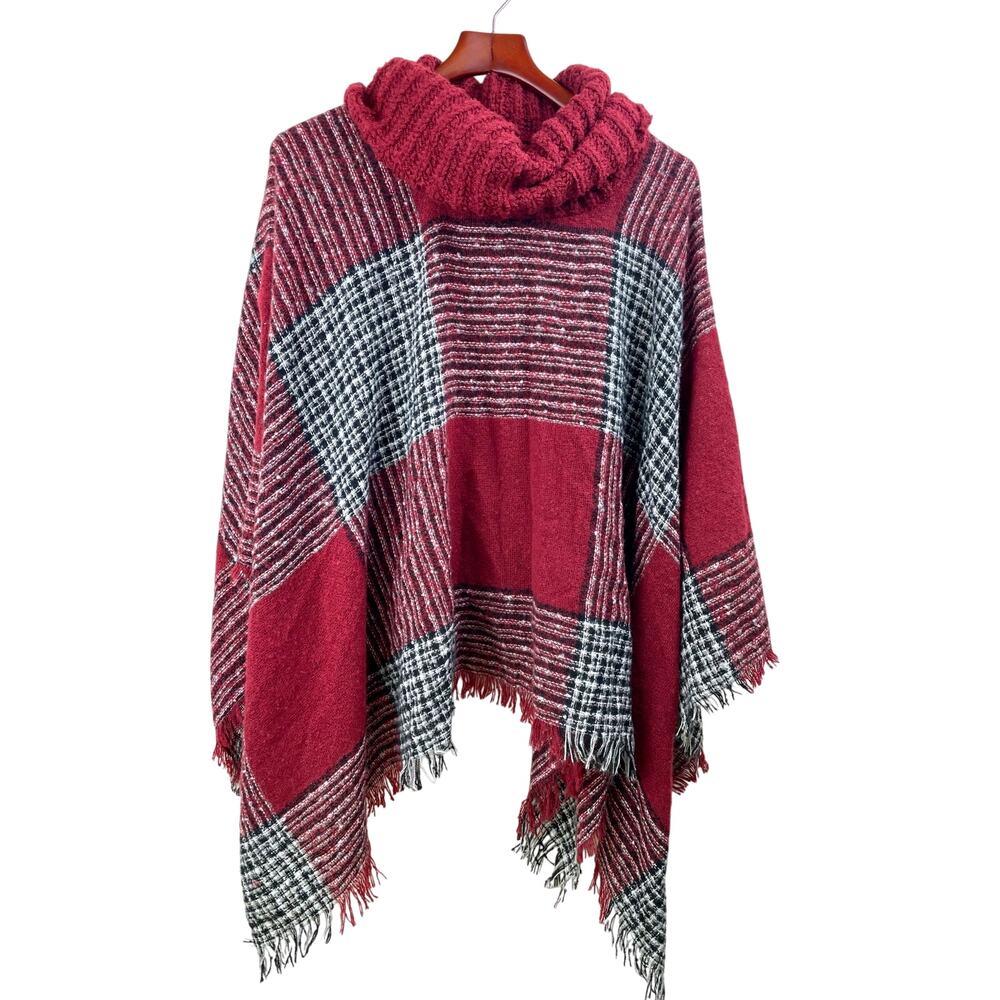 Vtg Anne Klein Poncho OS Cottage Oversized Chunky Fringe Boho Tartan Plaid Cowl